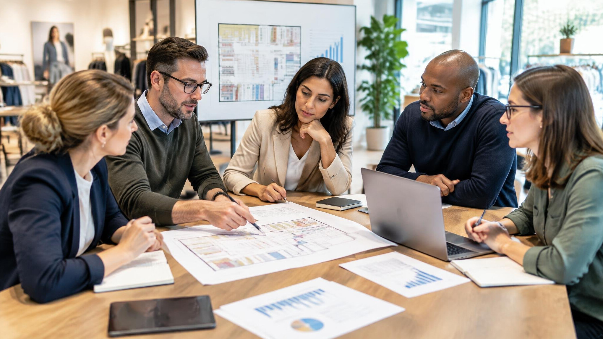 Business team meeting in a retail store office discussing capacity planning