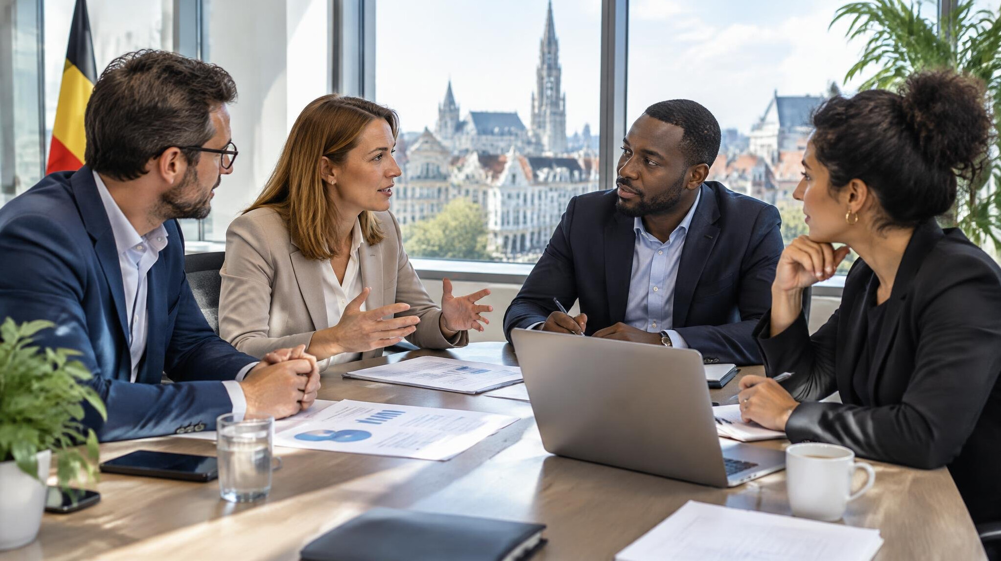 Consultants discussing strategy in a modern office meeting room