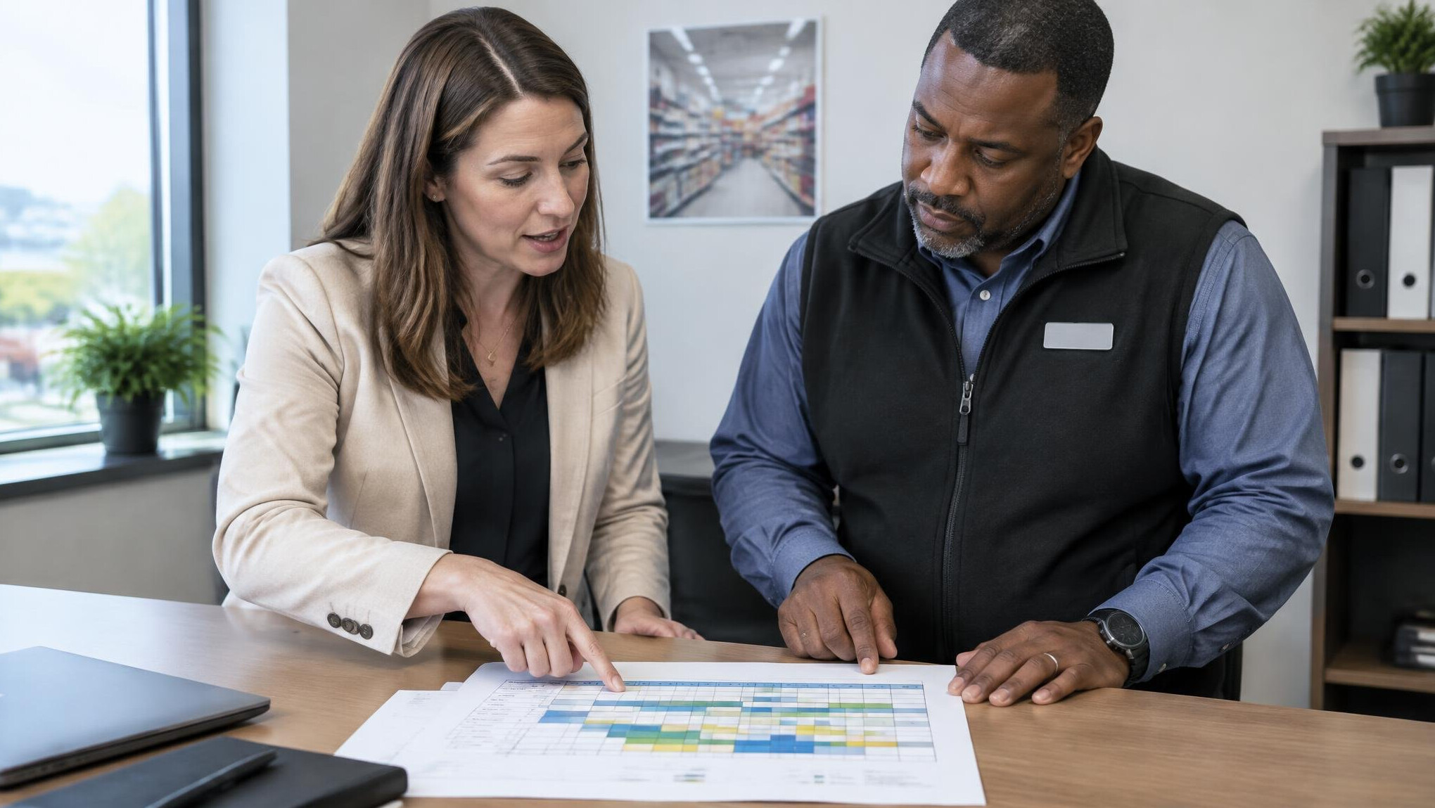Consultant explaining a capacity schedule chart to a retail manager