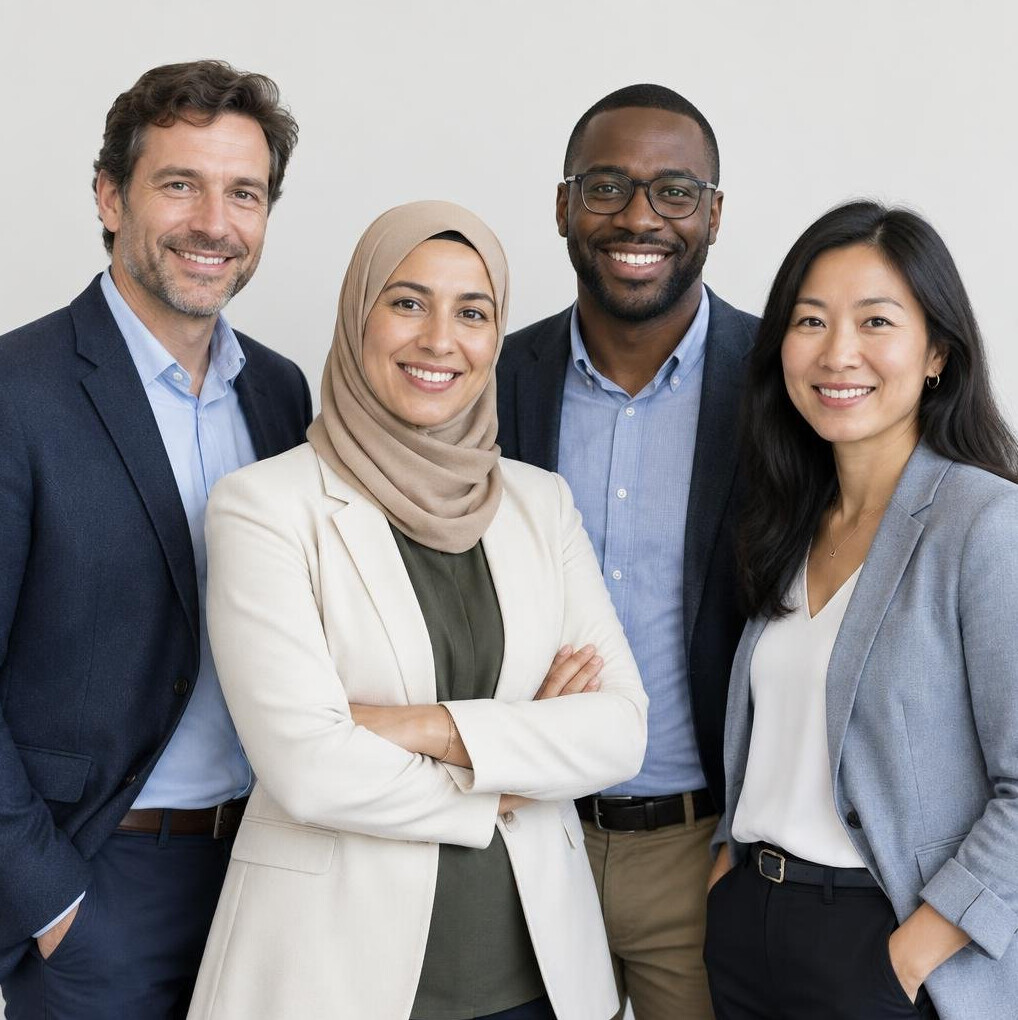 Group portrait of four business consultants standing together